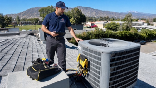 Technician with Trane heat pump