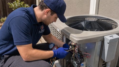 Technician with mini-split heat pump