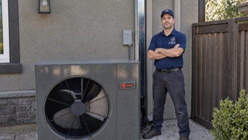 Technician servicing rooftop AC unit