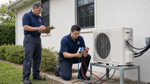 Two technicians inspecting AC condenser